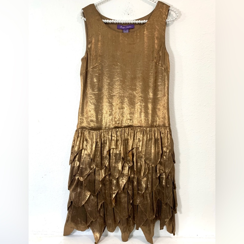 Ralph Lauren Purple Label Metallic Gold Drop-Waist Dress